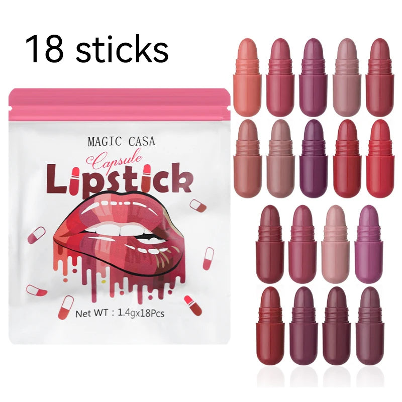MAGIC CASA 18-Color Capsule Lipstick Set - Mini Matte, Long-lasting, Waterproof, Non-transfer,Soft matte finish