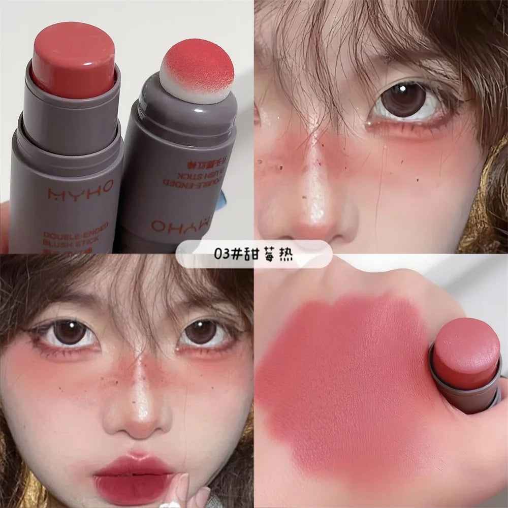 Double Head Sponge Powder Blusher Stick Lip Cheek Dual-Use Monochrome Powder Blusher Durable Matte Rouge Natural Naked Makeup