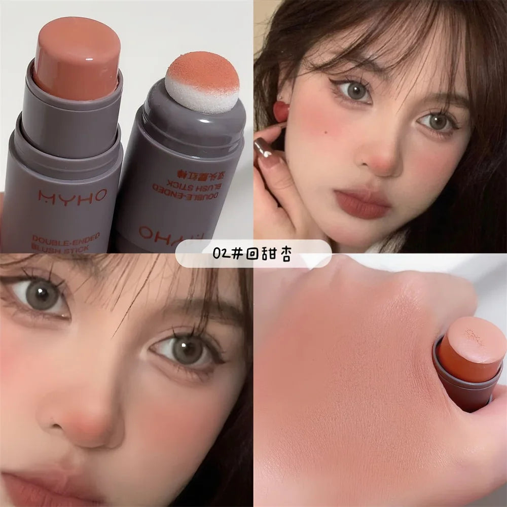Double Head Sponge Powder Blusher Stick Lip Cheek Dual-Use Monochrome Powder Blusher Durable Matte Rouge Natural Naked Makeup