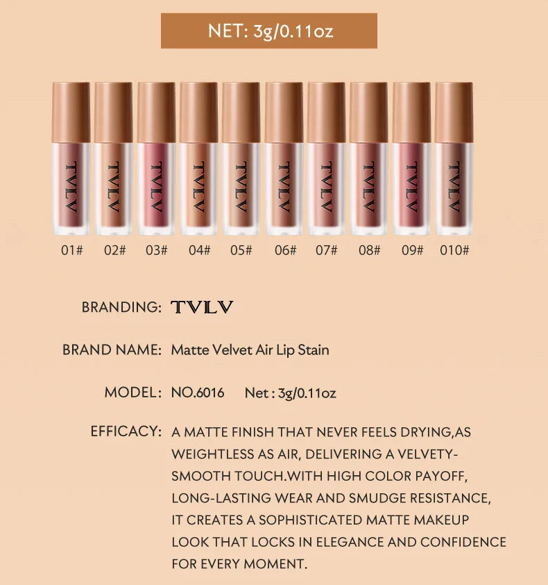 10Pcs Set TVLV  Velvet Air Lip Gloss - Matte Waterproof & Non-Stick Cup Long Lasting Lip Stain, Smudge-Proof Lipstick Set