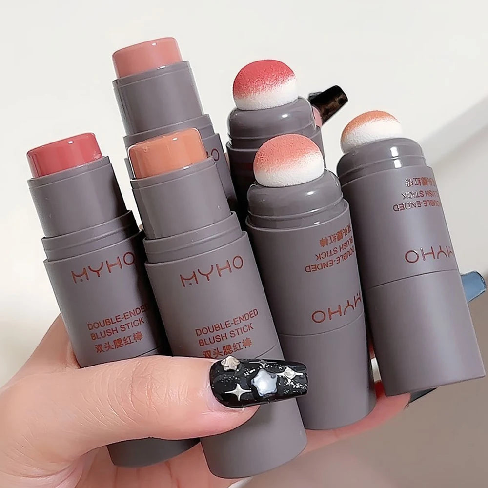 Double Head Sponge Powder Blusher Stick Lip Cheek Dual-Use Monochrome Powder Blusher Durable Matte Rouge Natural Naked Makeup
