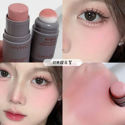 Double Head Sponge Powder Blusher Stick Lip Cheek Dual-Use Monochrome Powder Blusher Durable Matte Rouge Natural Naked Makeup