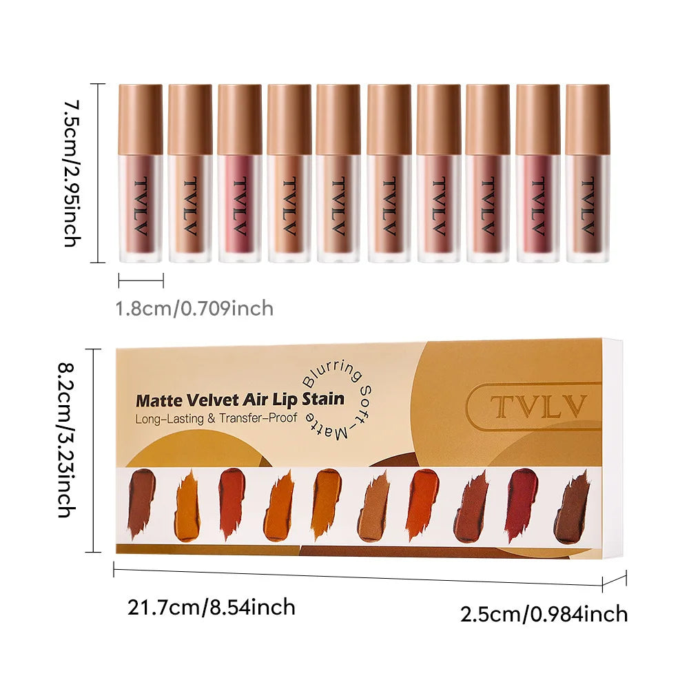 10Pcs Set TVLV  Velvet Air Lip Gloss - Matte Waterproof & Non-Stick Cup Long Lasting Lip Stain, Smudge-Proof Lipstick Set